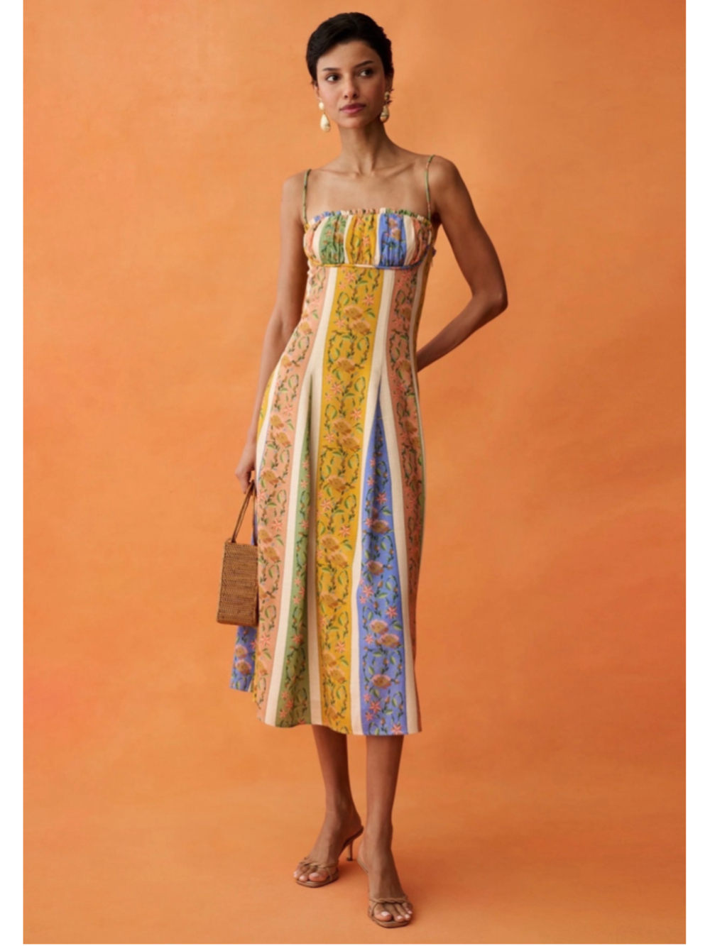 Women's Anaya Midi Dress Size 6 Yellow Multicolor Floral Striped